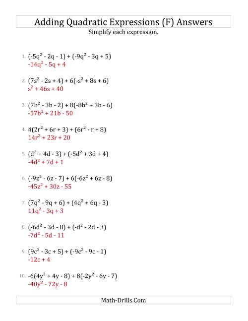 The Adding and Simplifying Quadratic Expressions with Some Multipliers (F) Math Worksheet Page 2