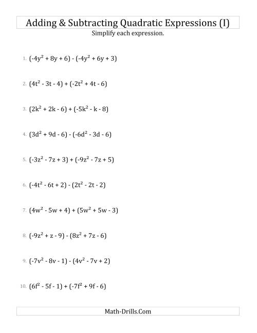 The Adding and Subtracting and Simplifying Quadratic Expressions (I) Math Worksheet