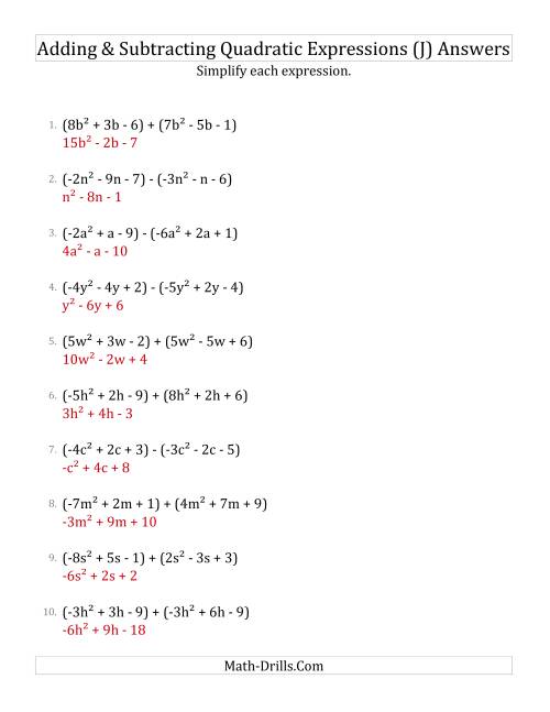 The Adding and Subtracting and Simplifying Quadratic Expressions (J) Math Worksheet Page 2