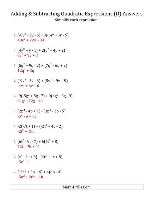 The Adding and Subtracting and Simplifying Quadratic Expressions with Some Multipliers (D) Math Worksheet Page 2
