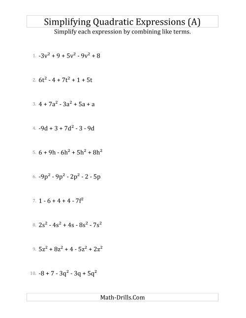 The Simplifying Quadratic Expressions with 5 Terms (A) Math Worksheet