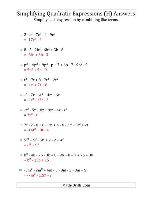 The Simplifying Quadratic Expressions with 6 to 10 Terms (H) Math Worksheet Page 2
