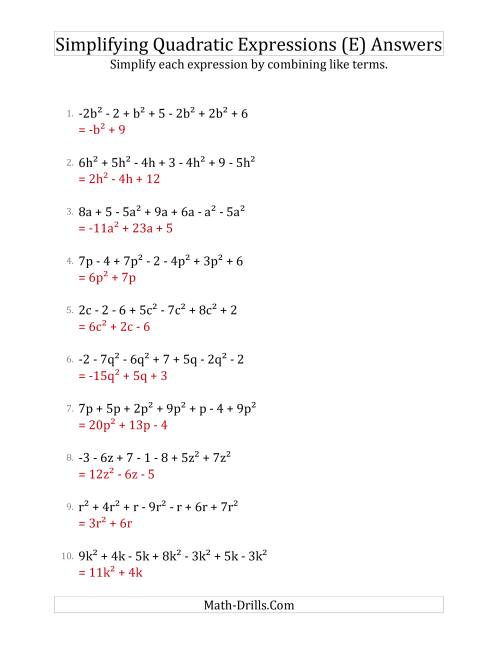The Simplifying Quadratic Expressions with 7 Terms (E) Math Worksheet Page 2