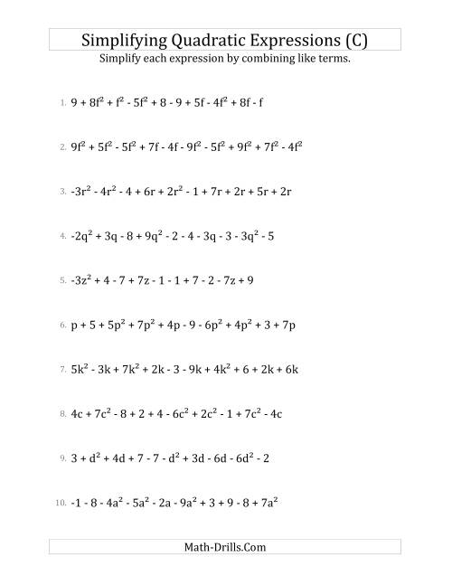The Simplifying Quadratic Expressions with 10 Terms (C) Math Worksheet