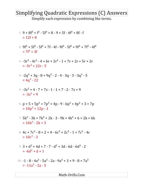 The Simplifying Quadratic Expressions with 10 Terms (C) Math Worksheet Page 2