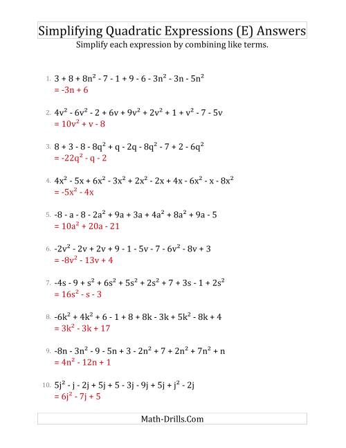 The Simplifying Quadratic Expressions with 10 Terms (E) Math Worksheet Page 2