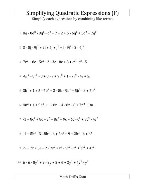 The Simplifying Quadratic Expressions with 10 Terms (F) Math Worksheet