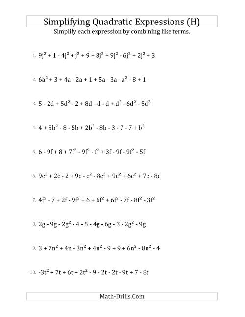 The Simplifying Quadratic Expressions with 10 Terms (H) Math Worksheet