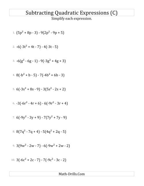 The Subtracting and Simplifying Quadratic Expressions with Multipliers (C) Math Worksheet