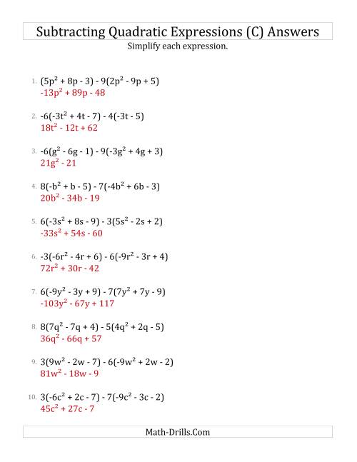 The Subtracting and Simplifying Quadratic Expressions with Multipliers (C) Math Worksheet Page 2