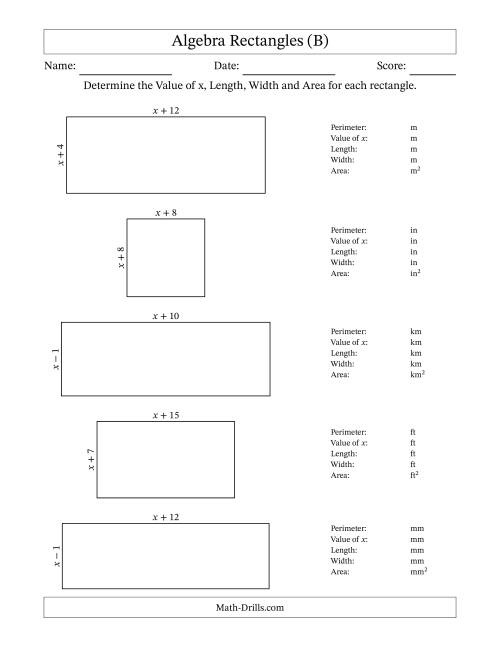 The Algebra Rectangles – Determining the Value of x, Length, Width and Area Using Algebraic Sides and the Perimeter – m Range [1,1] (B) Math Worksheet