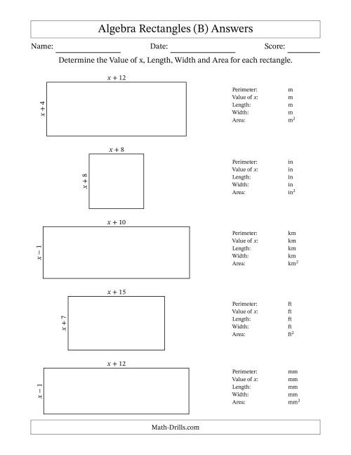 The Algebra Rectangles – Determining the Value of x, Length, Width and Area Using Algebraic Sides and the Perimeter – m Range [1,1] (B) Math Worksheet Page 2