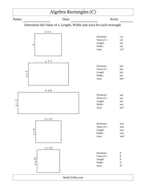 The Algebra Rectangles – Determining the Value of x, Length, Width and Area Using Algebraic Sides and the Perimeter – m Range [1,1] (C) Math Worksheet