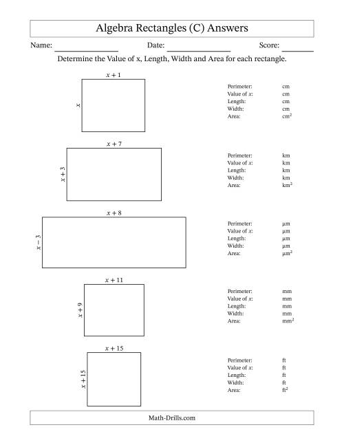 The Algebra Rectangles – Determining the Value of x, Length, Width and Area Using Algebraic Sides and the Perimeter – m Range [1,1] (C) Math Worksheet Page 2