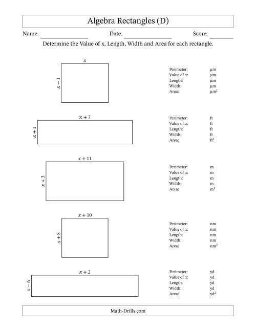 The Algebra Rectangles – Determining the Value of x, Length, Width and Area Using Algebraic Sides and the Perimeter – m Range [1,1] (D) Math Worksheet