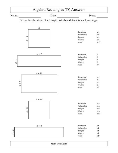 The Algebra Rectangles – Determining the Value of x, Length, Width and Area Using Algebraic Sides and the Perimeter – m Range [1,1] (D) Math Worksheet Page 2
