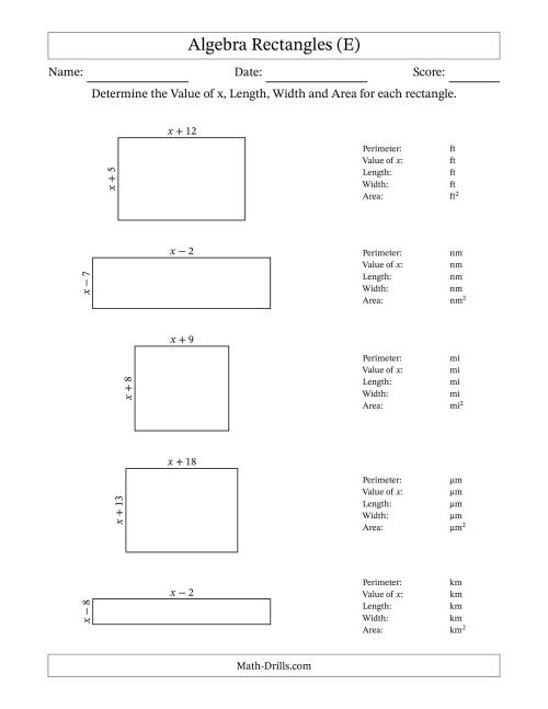 The Algebra Rectangles – Determining the Value of x, Length, Width and Area Using Algebraic Sides and the Perimeter – m Range [1,1] (E) Math Worksheet