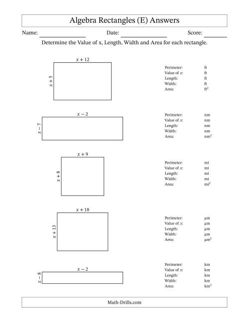 The Algebra Rectangles – Determining the Value of x, Length, Width and Area Using Algebraic Sides and the Perimeter – m Range [1,1] (E) Math Worksheet Page 2