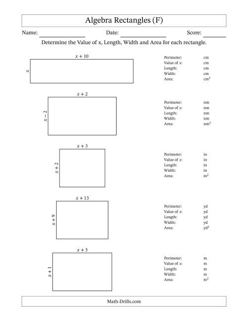 The Algebra Rectangles – Determining the Value of x, Length, Width and Area Using Algebraic Sides and the Perimeter – m Range [1,1] (F) Math Worksheet