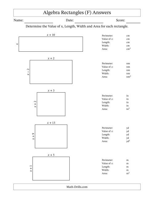 The Algebra Rectangles – Determining the Value of x, Length, Width and Area Using Algebraic Sides and the Perimeter – m Range [1,1] (F) Math Worksheet Page 2