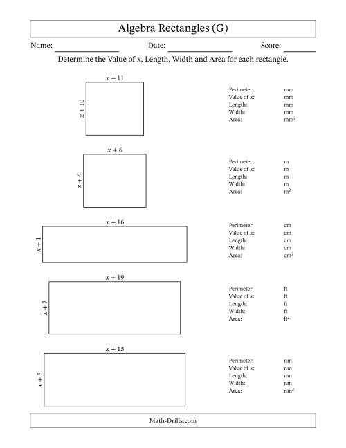 The Algebra Rectangles – Determining the Value of x, Length, Width and Area Using Algebraic Sides and the Perimeter – m Range [1,1] (G) Math Worksheet