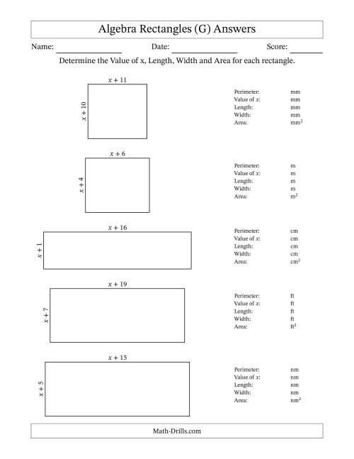 The Algebra Rectangles – Determining the Value of x, Length, Width and Area Using Algebraic Sides and the Perimeter – m Range [1,1] (G) Math Worksheet Page 2
