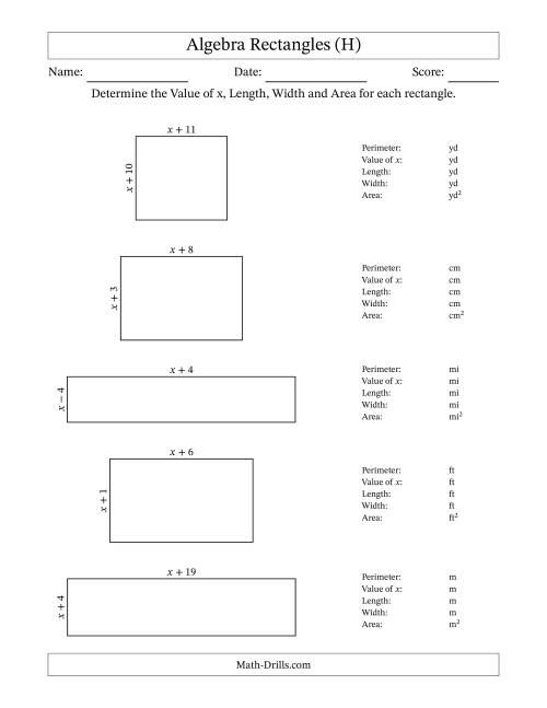The Algebra Rectangles – Determining the Value of x, Length, Width and Area Using Algebraic Sides and the Perimeter – m Range [1,1] (H) Math Worksheet
