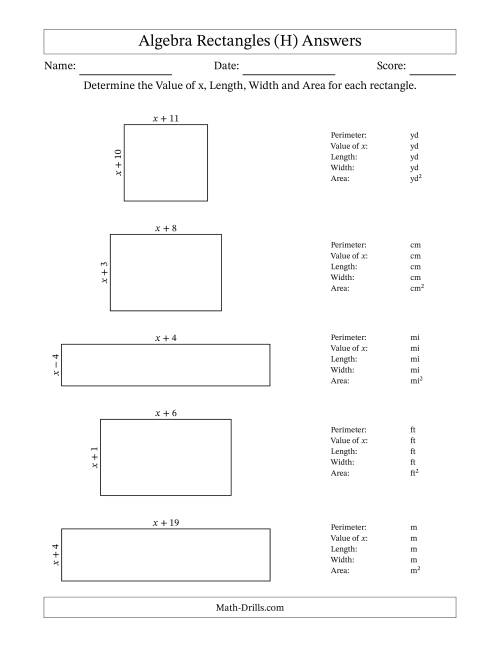 The Algebra Rectangles – Determining the Value of x, Length, Width and Area Using Algebraic Sides and the Perimeter – m Range [1,1] (H) Math Worksheet Page 2