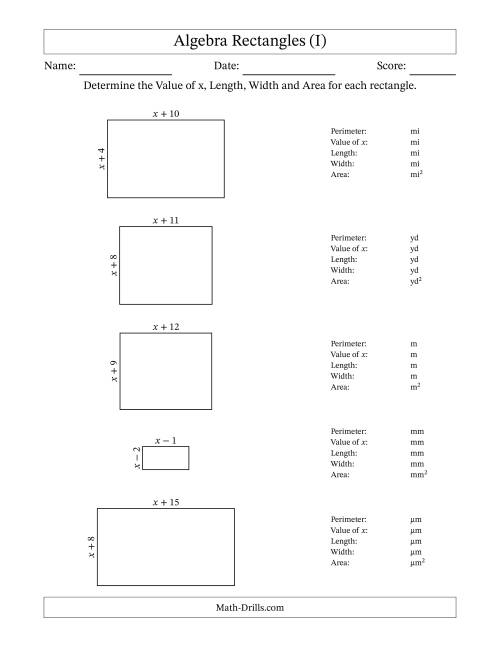 The Algebra Rectangles – Determining the Value of x, Length, Width and Area Using Algebraic Sides and the Perimeter – m Range [1,1] (I) Math Worksheet