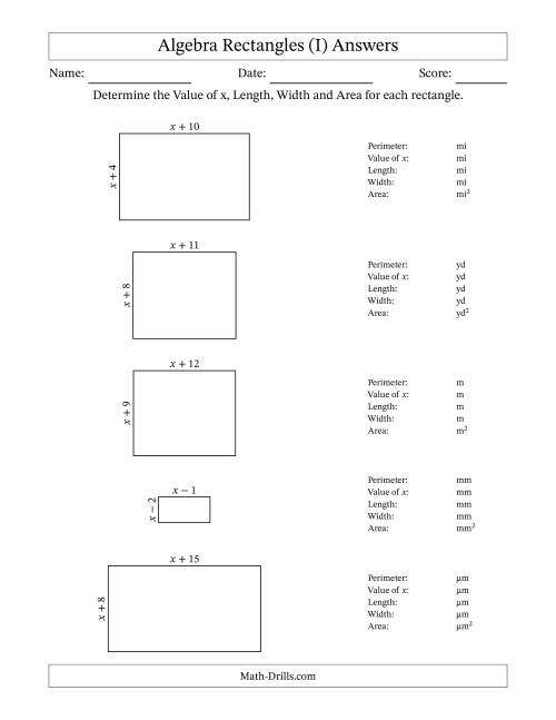 The Algebra Rectangles – Determining the Value of x, Length, Width and Area Using Algebraic Sides and the Perimeter – m Range [1,1] (I) Math Worksheet Page 2