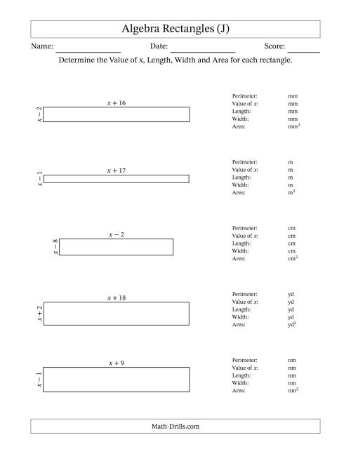 The Algebra Rectangles – Determining the Value of x, Length, Width and Area Using Algebraic Sides and the Perimeter – m Range [1,1] (J) Math Worksheet