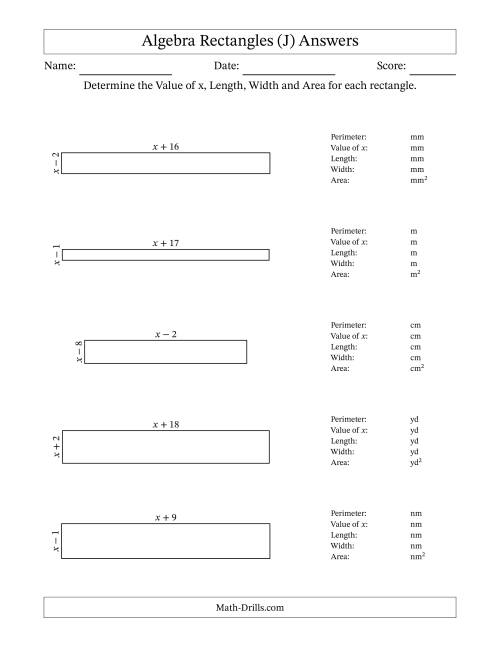 The Algebra Rectangles – Determining the Value of x, Length, Width and Area Using Algebraic Sides and the Perimeter – m Range [1,1] (J) Math Worksheet Page 2