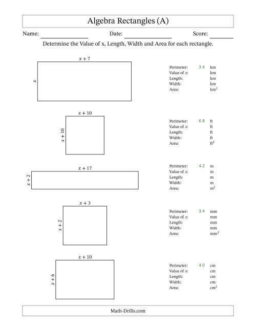 The Algebra Rectangles – Determining the Value of x, Length, Width and Area Using Algebraic Sides and the Perimeter – m Range [1,1] (All) Math Worksheet