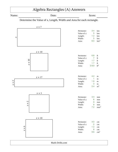 The Algebra Rectangles – Determining the Value of x, Length, Width and Area Using Algebraic Sides and the Perimeter – m Range [1,1] (All) Math Worksheet Page 2