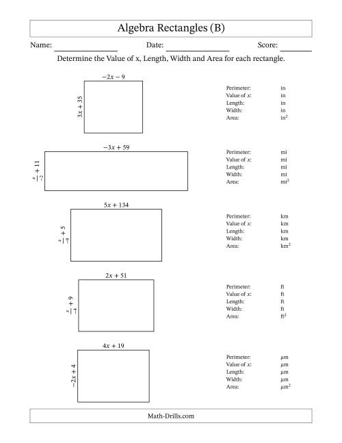 The Algebra Rectangles – Determining the Value of x, Length, Width and Area Using Algebraic Sides and the Perimeter – m Range [2,9] or [-9,-2] – Inverse m Possible (B) Math Worksheet