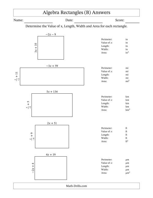 The Algebra Rectangles – Determining the Value of x, Length, Width and Area Using Algebraic Sides and the Perimeter – m Range [2,9] or [-9,-2] – Inverse m Possible (B) Math Worksheet Page 2
