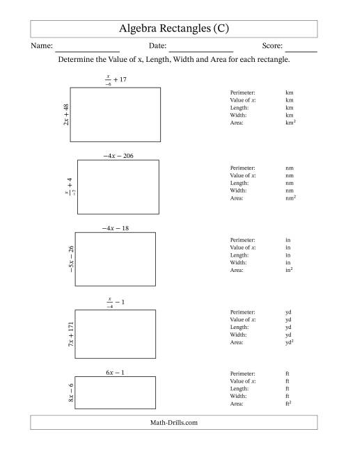 The Algebra Rectangles – Determining the Value of x, Length, Width and Area Using Algebraic Sides and the Perimeter – m Range [2,9] or [-9,-2] – Inverse m Possible (C) Math Worksheet