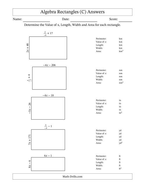 The Algebra Rectangles – Determining the Value of x, Length, Width and Area Using Algebraic Sides and the Perimeter – m Range [2,9] or [-9,-2] – Inverse m Possible (C) Math Worksheet Page 2