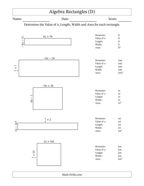 The Algebra Rectangles – Determining the Value of x, Length, Width and Area Using Algebraic Sides and the Perimeter – m Range [2,9] or [-9,-2] – Inverse m Possible (D) Math Worksheet