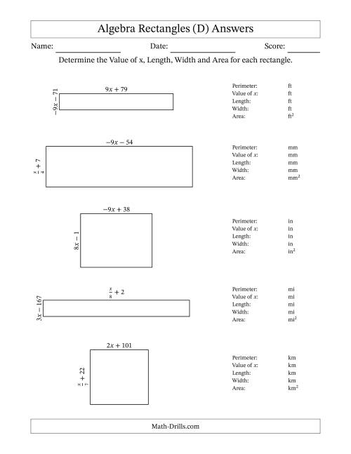 The Algebra Rectangles – Determining the Value of x, Length, Width and Area Using Algebraic Sides and the Perimeter – m Range [2,9] or [-9,-2] – Inverse m Possible (D) Math Worksheet Page 2