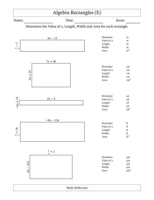 The Algebra Rectangles – Determining the Value of x, Length, Width and Area Using Algebraic Sides and the Perimeter – m Range [2,9] or [-9,-2] – Inverse m Possible (E) Math Worksheet