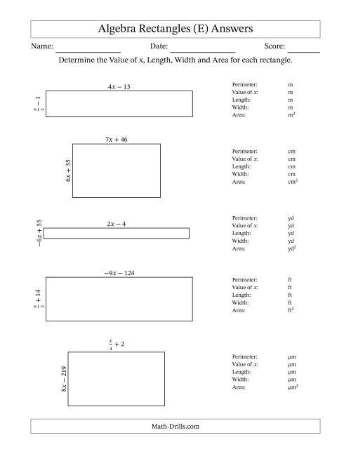 The Algebra Rectangles – Determining the Value of x, Length, Width and Area Using Algebraic Sides and the Perimeter – m Range [2,9] or [-9,-2] – Inverse m Possible (E) Math Worksheet Page 2