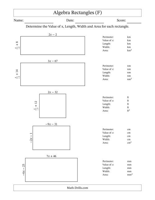 The Algebra Rectangles – Determining the Value of x, Length, Width and Area Using Algebraic Sides and the Perimeter – m Range [2,9] or [-9,-2] – Inverse m Possible (F) Math Worksheet