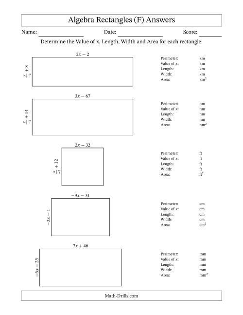 The Algebra Rectangles – Determining the Value of x, Length, Width and Area Using Algebraic Sides and the Perimeter – m Range [2,9] or [-9,-2] – Inverse m Possible (F) Math Worksheet Page 2