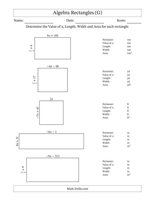 The Algebra Rectangles – Determining the Value of x, Length, Width and Area Using Algebraic Sides and the Perimeter – m Range [2,9] or [-9,-2] – Inverse m Possible (G) Math Worksheet
