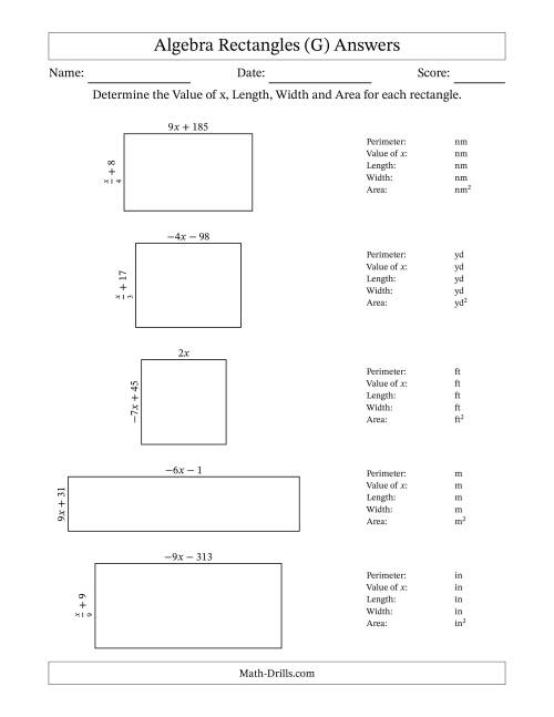 The Algebra Rectangles – Determining the Value of x, Length, Width and Area Using Algebraic Sides and the Perimeter – m Range [2,9] or [-9,-2] – Inverse m Possible (G) Math Worksheet Page 2