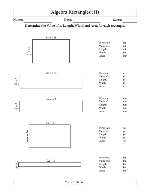 The Algebra Rectangles – Determining the Value of x, Length, Width and Area Using Algebraic Sides and the Perimeter – m Range [2,9] or [-9,-2] – Inverse m Possible (H) Math Worksheet
