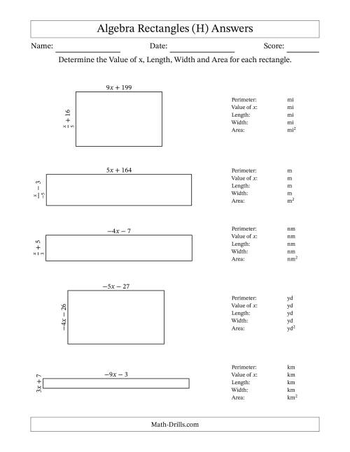 The Algebra Rectangles – Determining the Value of x, Length, Width and Area Using Algebraic Sides and the Perimeter – m Range [2,9] or [-9,-2] – Inverse m Possible (H) Math Worksheet Page 2