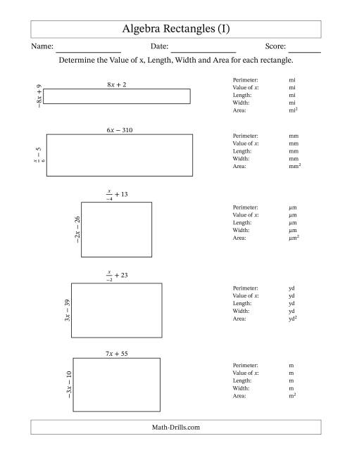 The Algebra Rectangles – Determining the Value of x, Length, Width and Area Using Algebraic Sides and the Perimeter – m Range [2,9] or [-9,-2] – Inverse m Possible (I) Math Worksheet