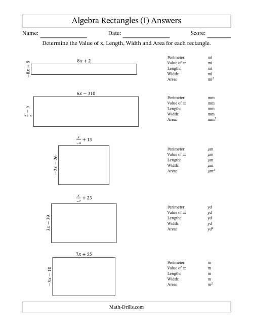 The Algebra Rectangles – Determining the Value of x, Length, Width and Area Using Algebraic Sides and the Perimeter – m Range [2,9] or [-9,-2] – Inverse m Possible (I) Math Worksheet Page 2